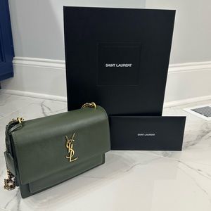 YSL SUNSET MEDIUM CHAIN BAG IN OLIVE GREEN LEATHER
